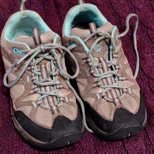 Tan and Teal Merrell shoes